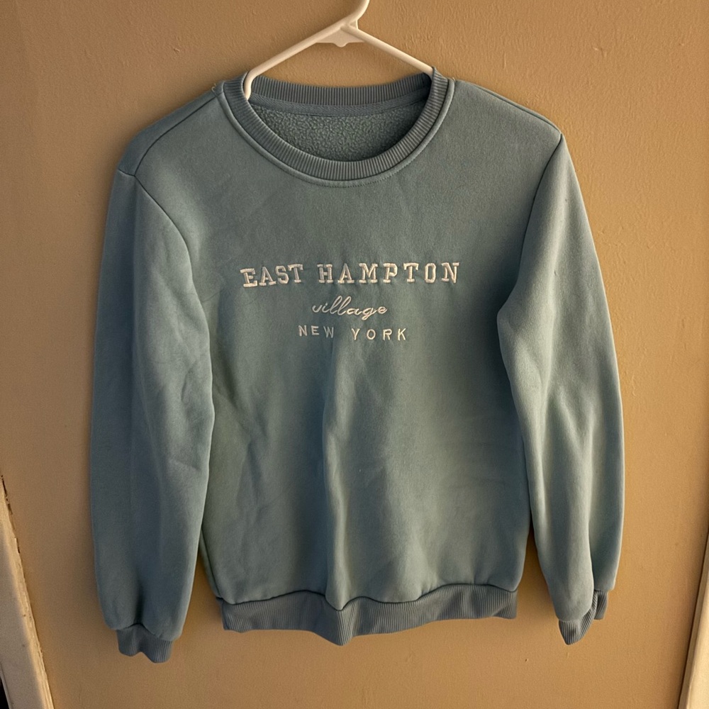 shein| blue w white lettering| oversized crew neck